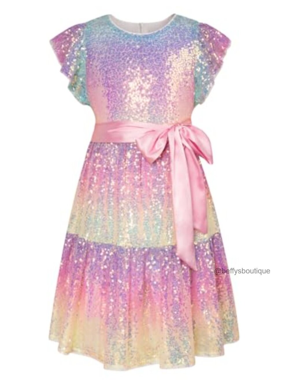 Girls Sequin Formal Party Dress Ruffle Sleeve A-Line Knee Length
